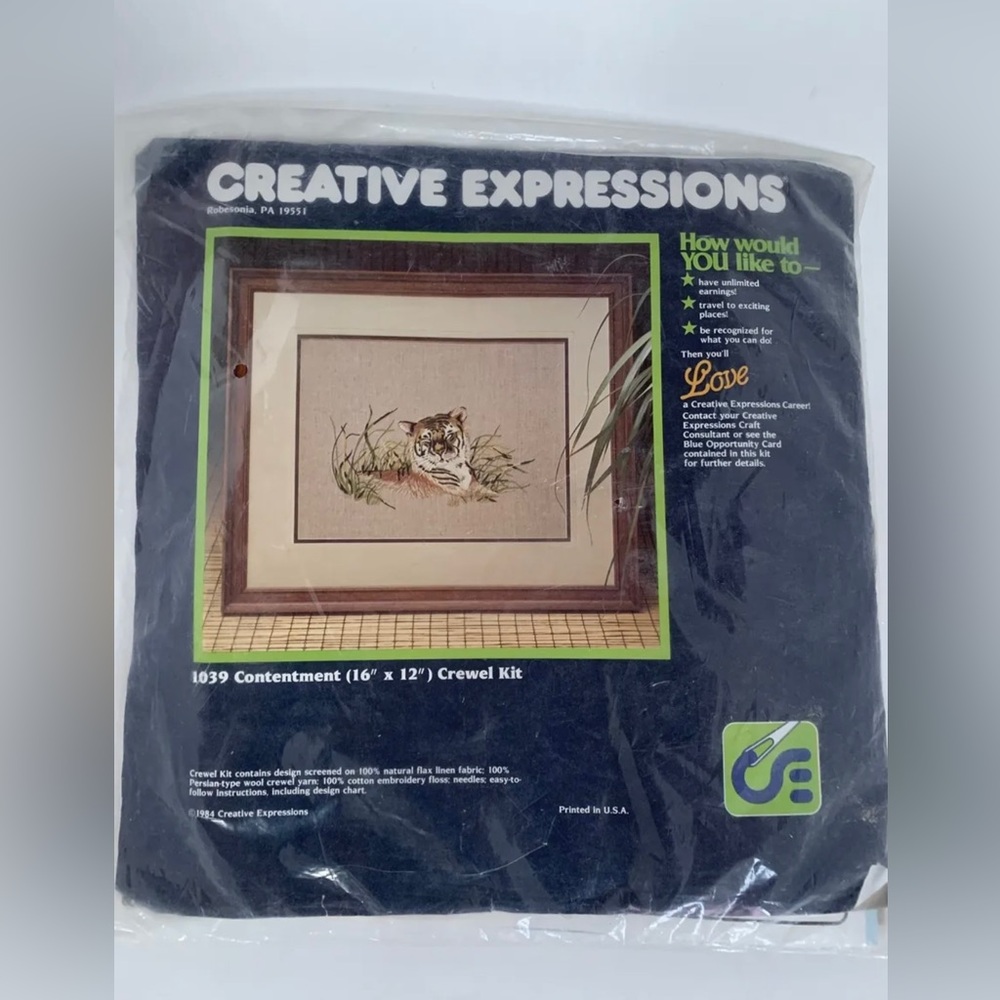 Creative Expressions #1039 Crewel Kit "Contentment" Tiger 16"X12" New in package